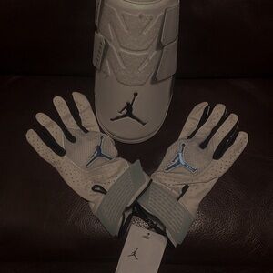 White and Black Gloves with Blue Logo Elbow Guard white